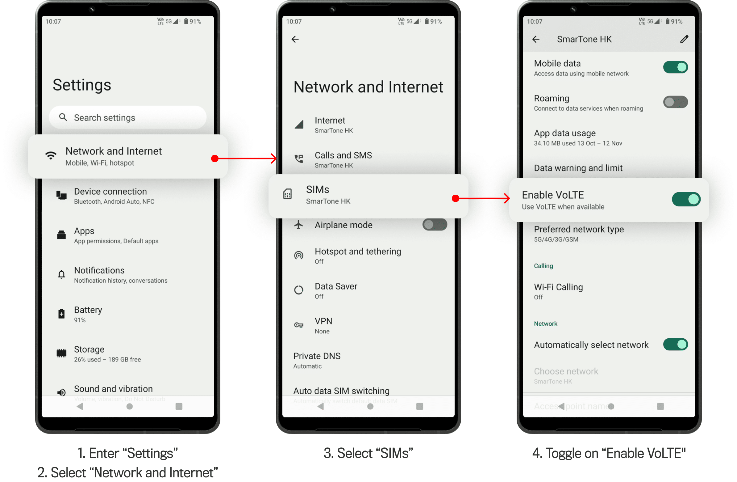 Settings → Mobile Network → VoLTE